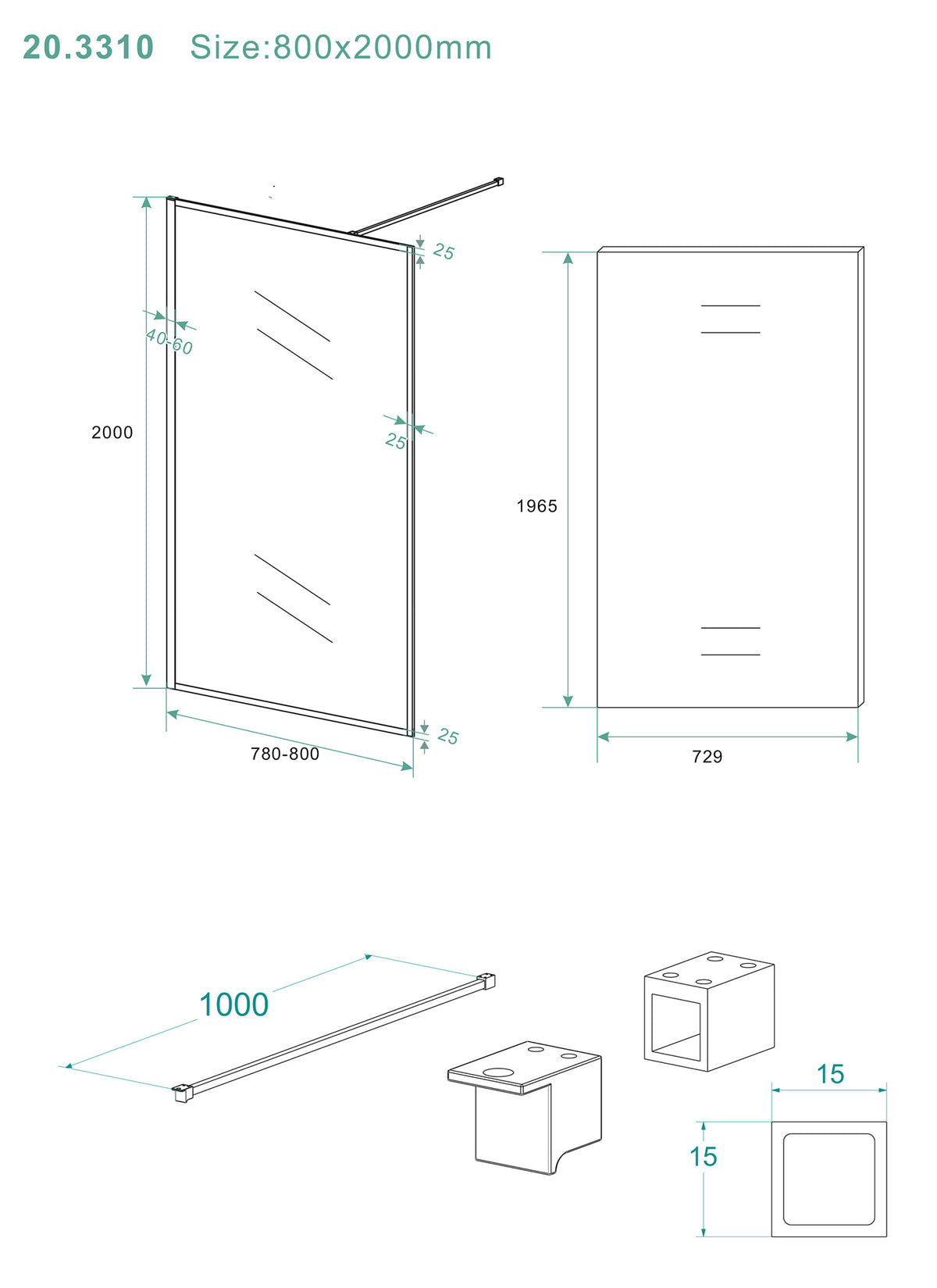 Square inloopdouche 800 x 2000 x 8 mm nano helder glas/mat zwart