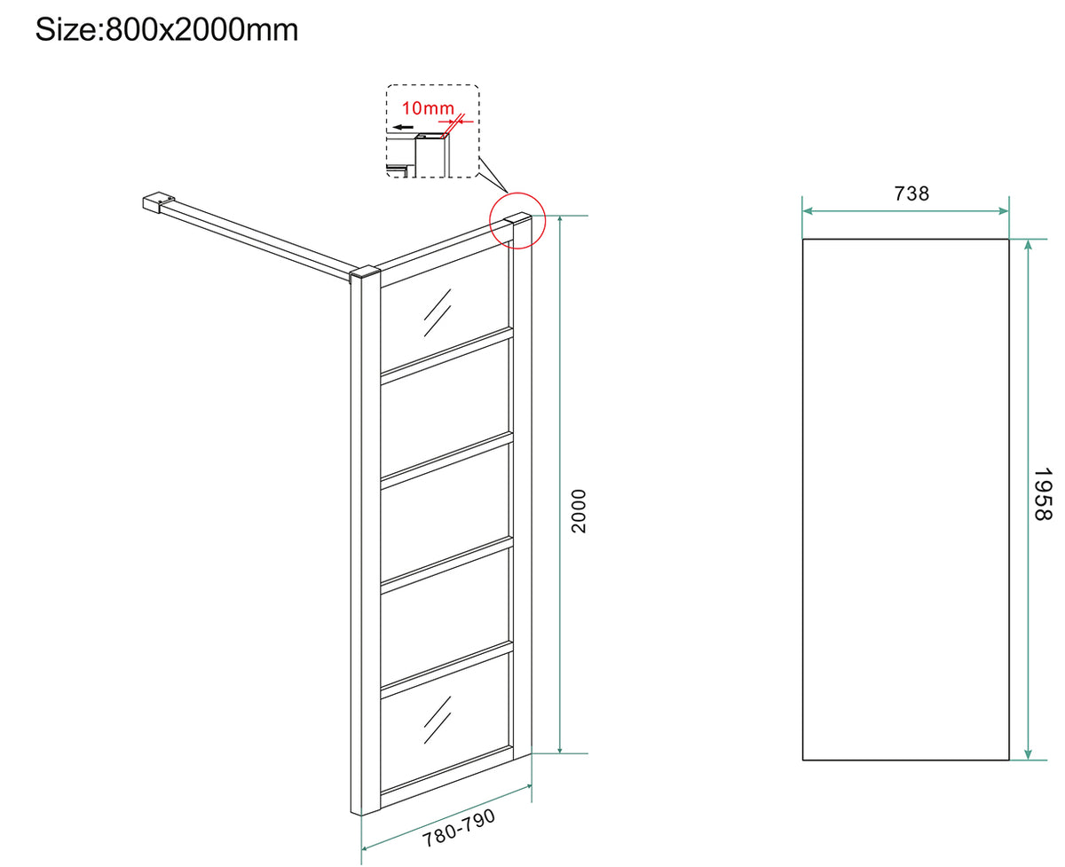 Horizon inloopdouche met raster 800 x 2000 x 8 mm nano helder glas/mat zwart