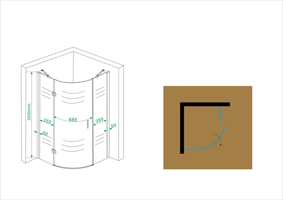 Curf cabine kwartrond met 1 draaideur links x helder glas/chroom