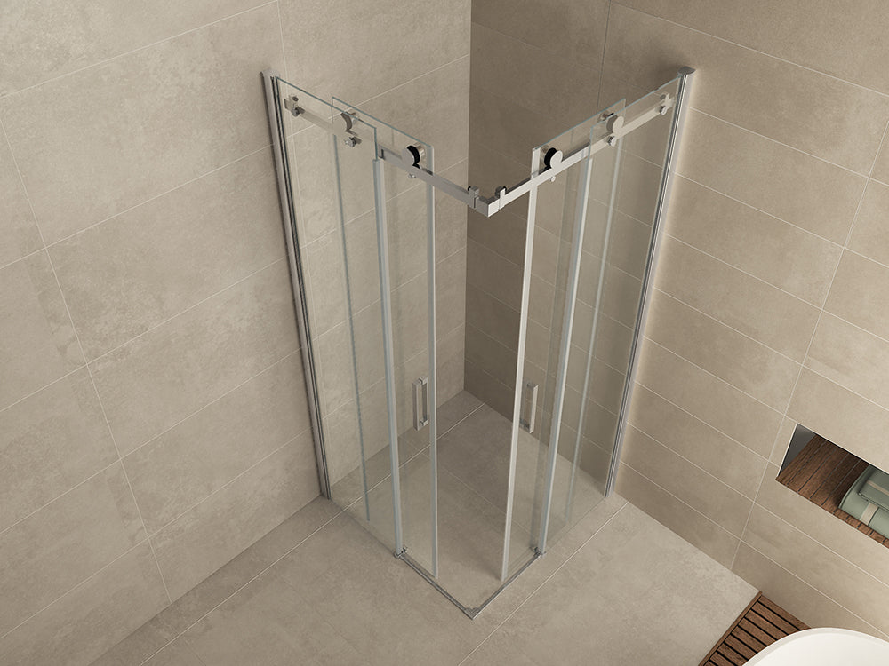 Entra hoekinstap cabine met 2 schuifdeuren 900 x 900 x 2000 x 8 mm nano helder glas/chroom