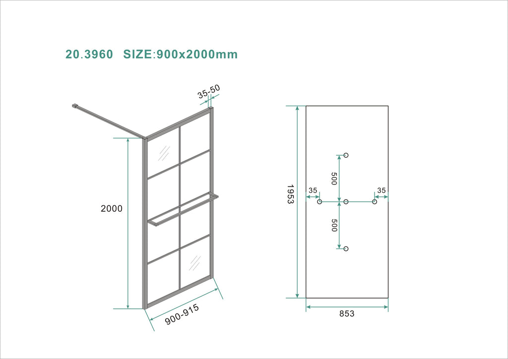 Maaz inloopdouche met raster en handdoekhouder 900 x 2000 x 10 mm helder glas/mat zwart
