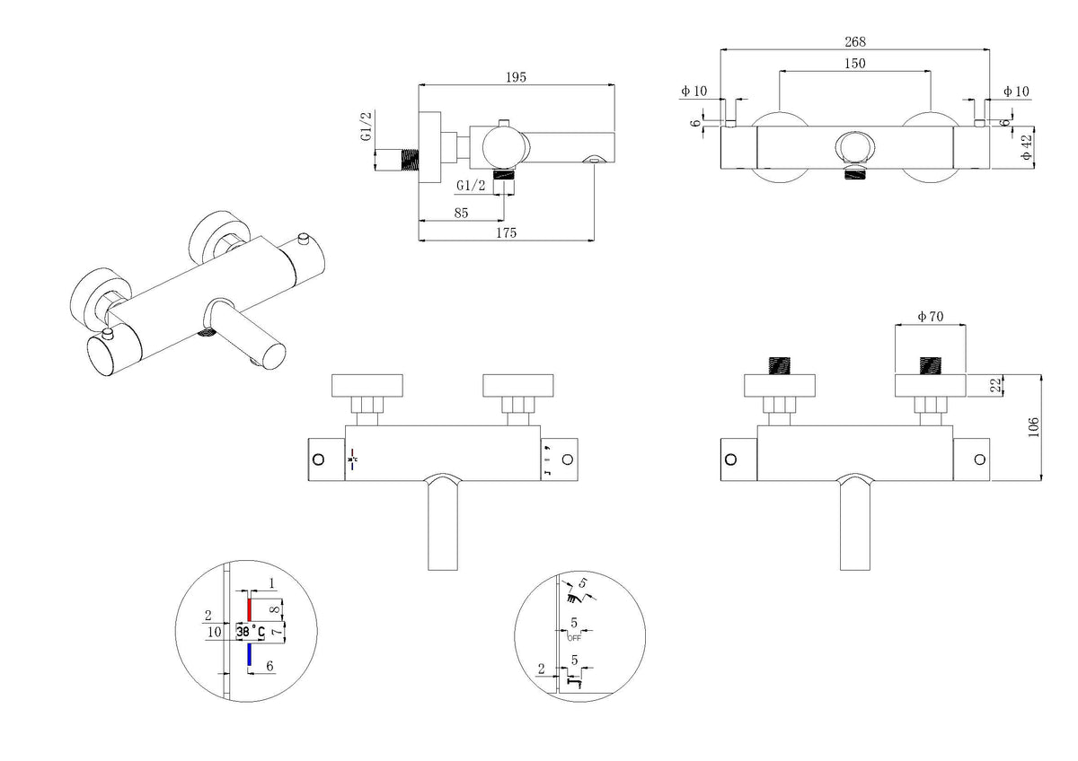 Style thermostatische badmengkraan cooltouch chroom PVD