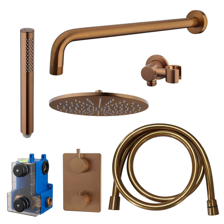 Caral inbouwthermostaat compleet met hoofddouche 25 cm en staafhanddouche geborsteld brons koper