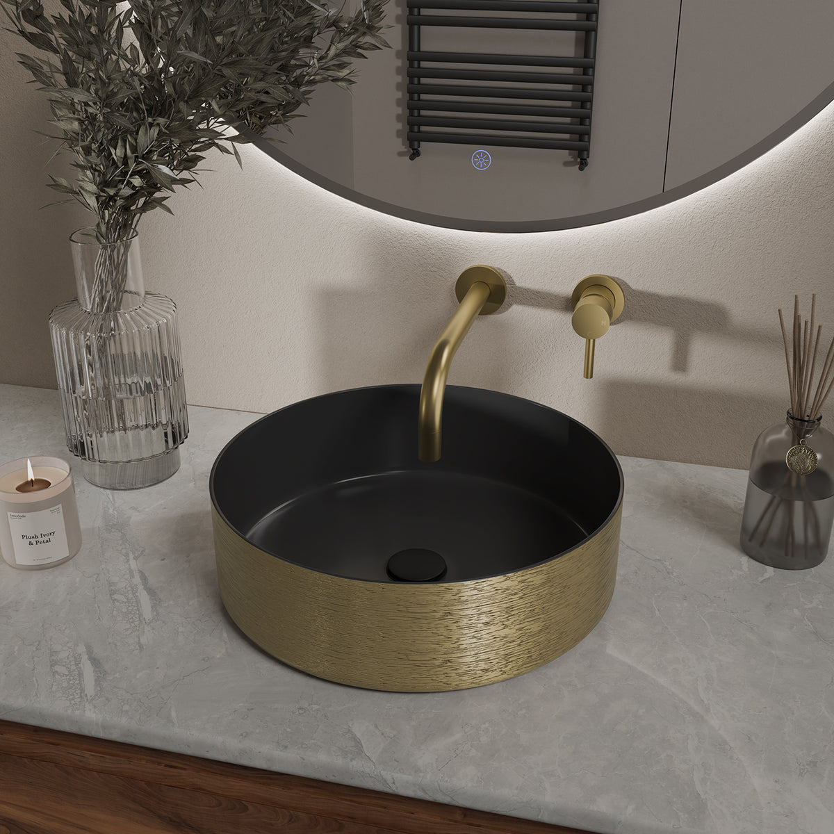 Mondri waskom rond mat zwart/geborsteld goud