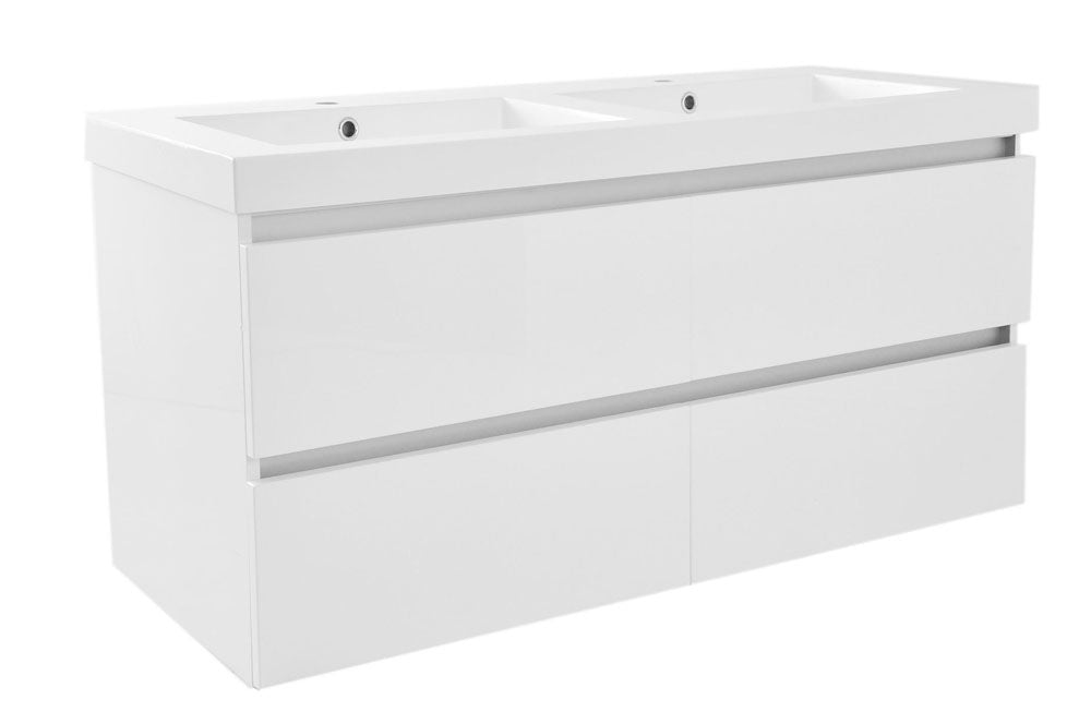 Vision wastafel dubbel met 2 kraangaten , kunstmarmer glans wit